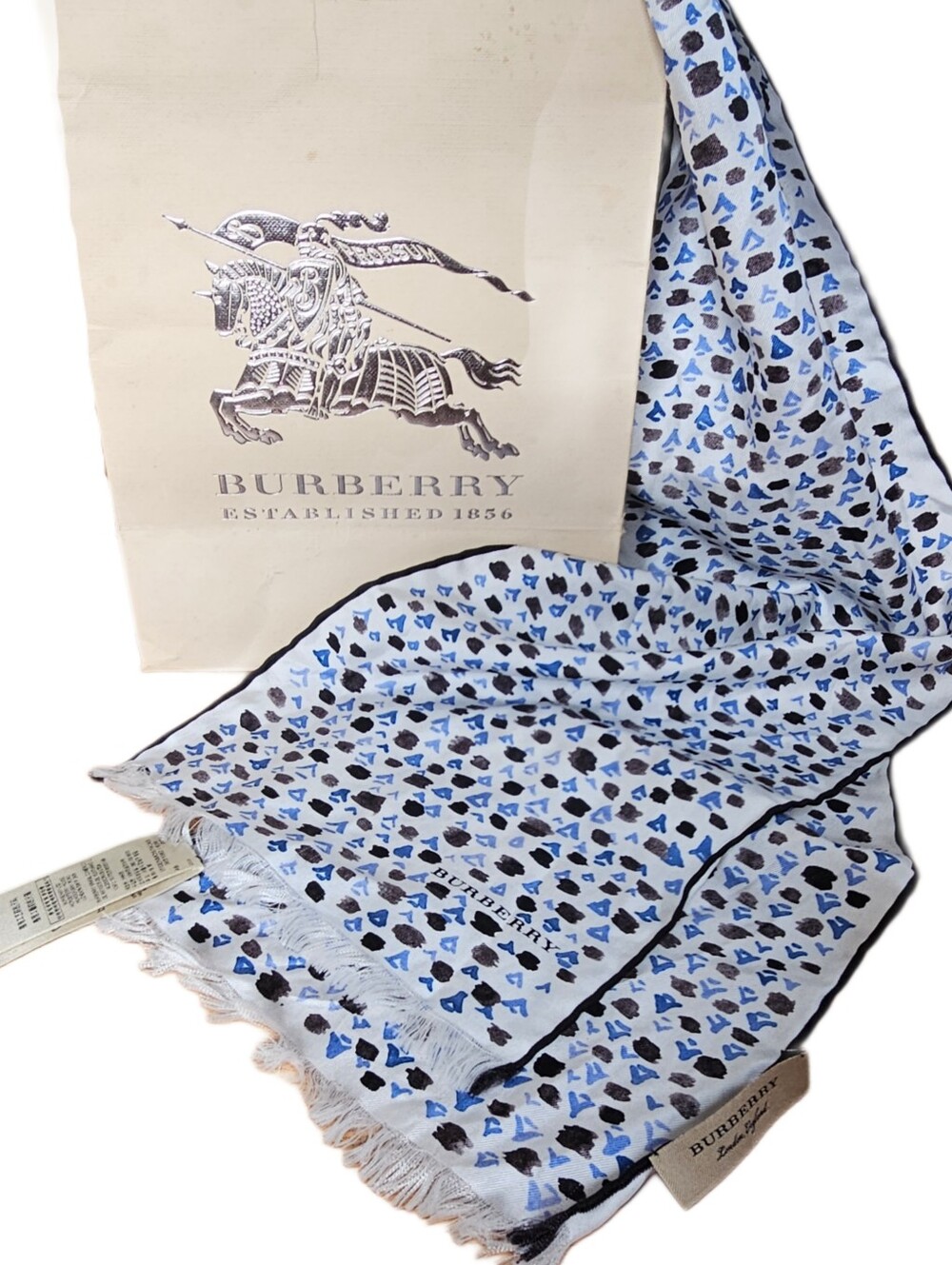 Burberry Blue Black & White Modal & Cashmere Lightweight Scarf
